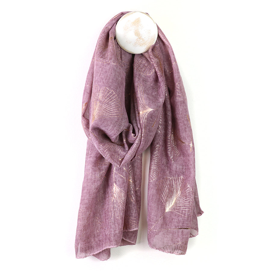 Mauve With Rose Gold Foil Ginko Leaf Scarf