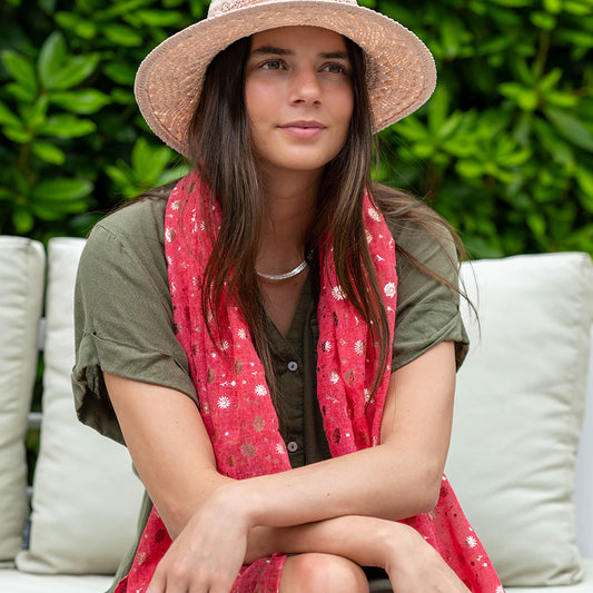 Coral Red & Rose Gold Foil Floral Print Scarf