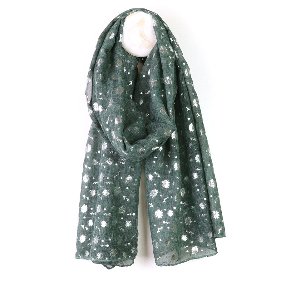 Dusky Green|Grey Silver Foil Floral Print Scarf