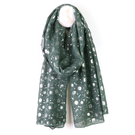 Dusky Green|Grey Silver Foil Floral Print Scarf