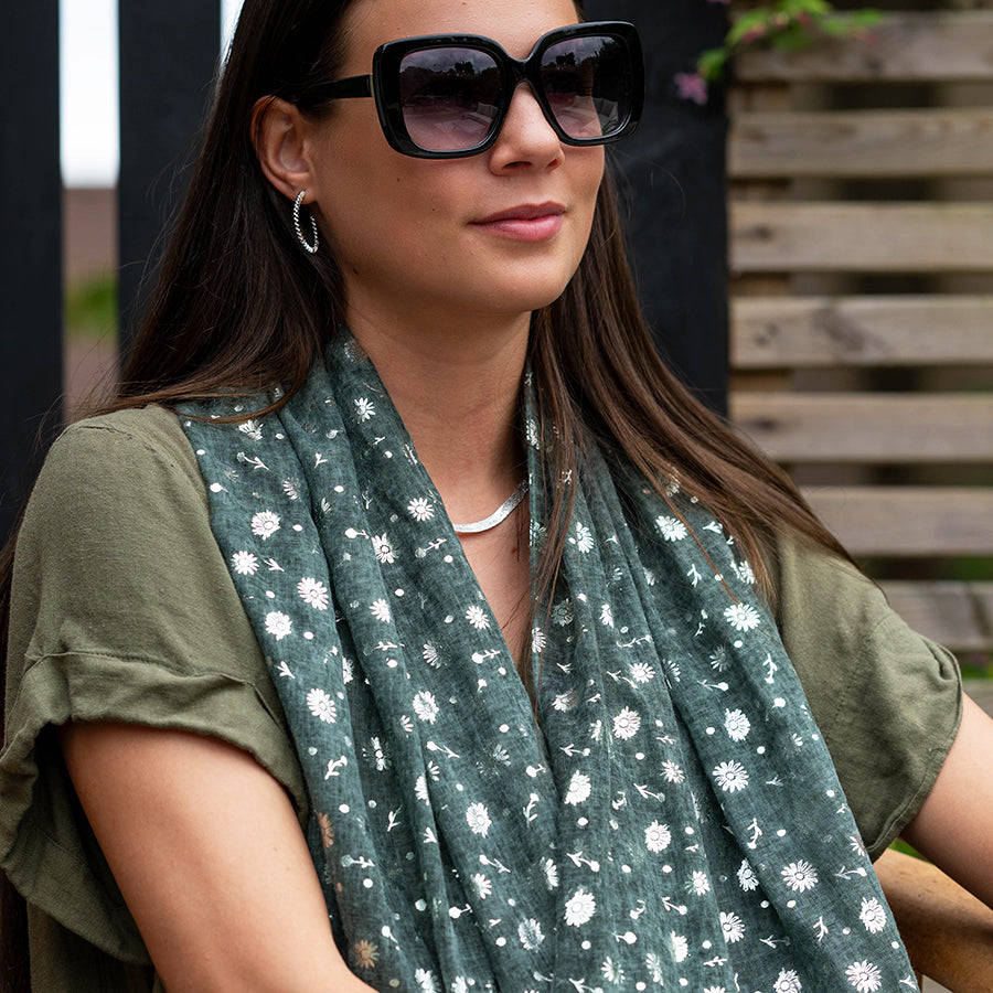 Dusky Green|Grey Silver Foil Floral Print Scarf