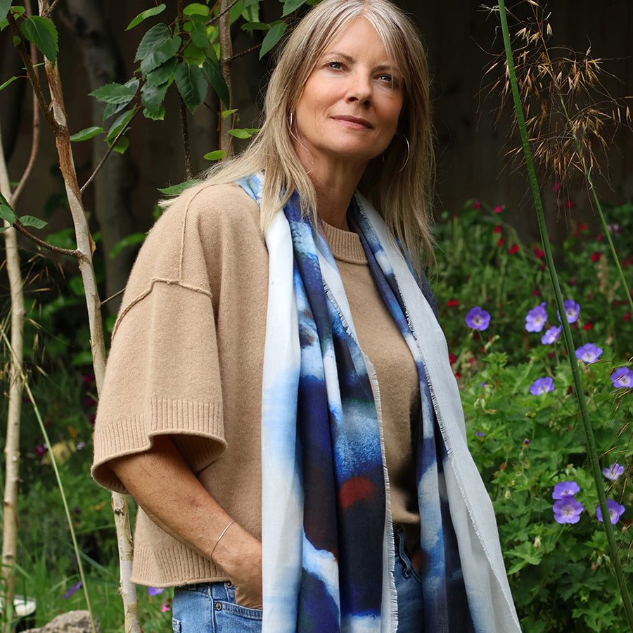 Recycled navy mix ink print scarf