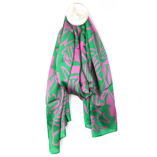 Recycled green and pink silky tropical leaf print scarf