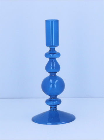 Clear Blue Piped Taper | Glass Candle Holder