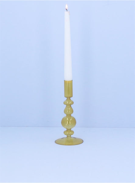 Glass Candle Holder | Clear Yellow Piped Taper