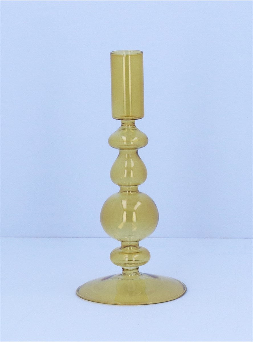 Glass Candle Holder | Clear Yellow Piped Taper