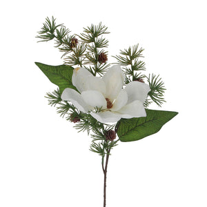 White Fabric Magnolia with Leaf and Fir | Branch 50cm
