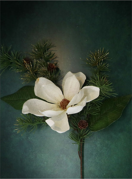 White Fabric Magnolia with Leaf and Fir | Branch 50cm