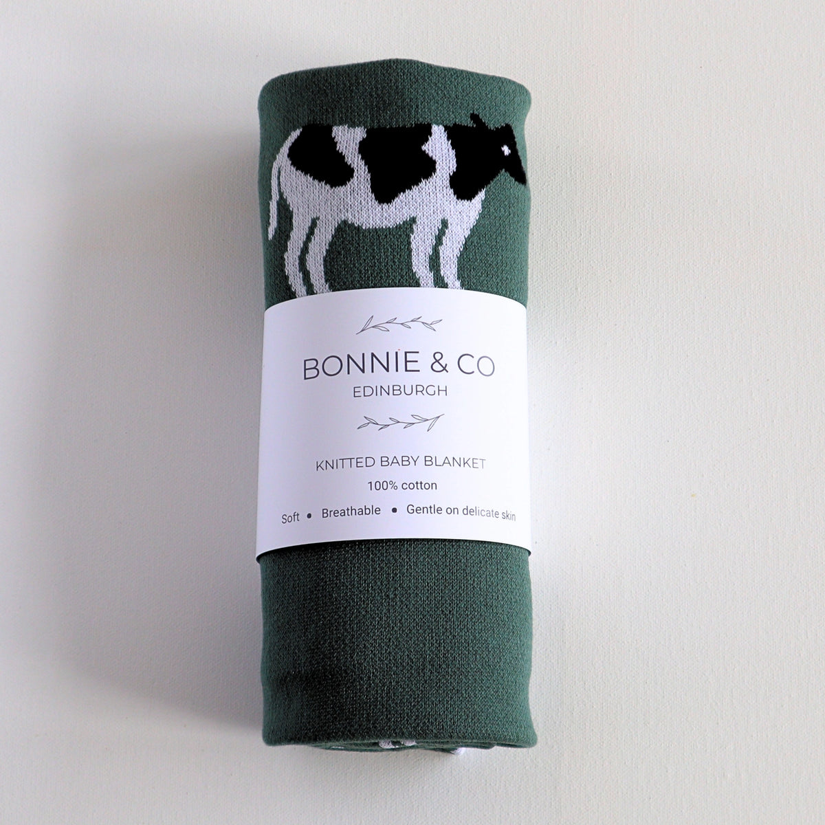 Knitted Baby Blanket | Cow | Bottle Green
