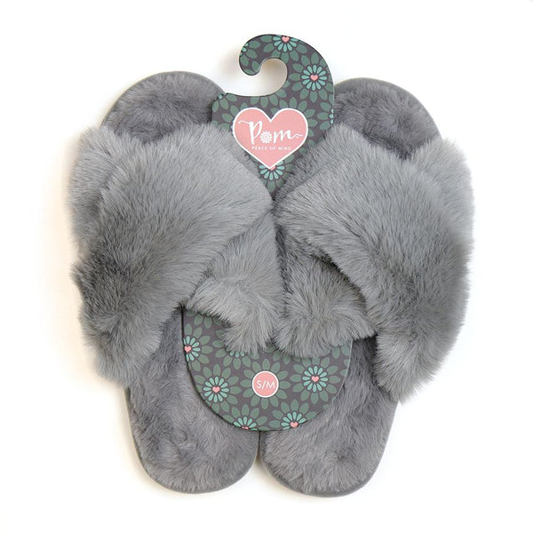 PALE GREY FAUX FUR CROSS OVER LUXURY SLIPPER | SIZE SMALL/MED