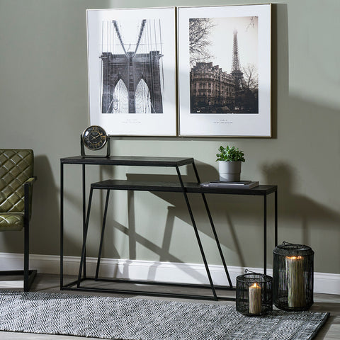 Mashiko Black Ash Veneer and Black Metal S/2  Console Tables