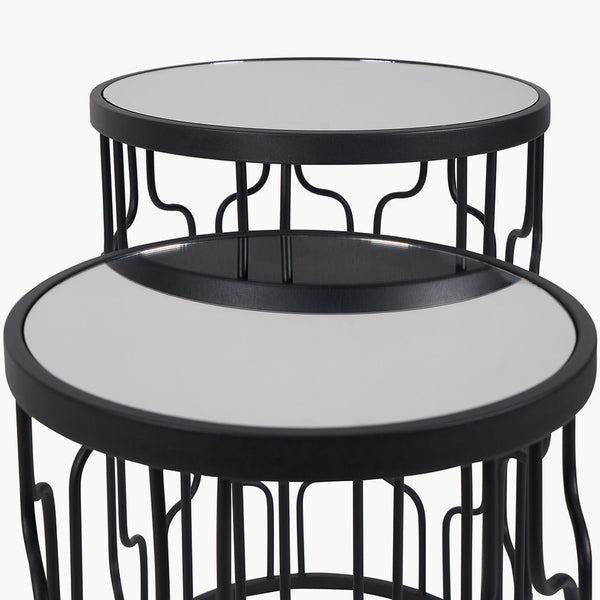 S/2 Caprisse Mirrored Glass and Graphite Metal Round Tables