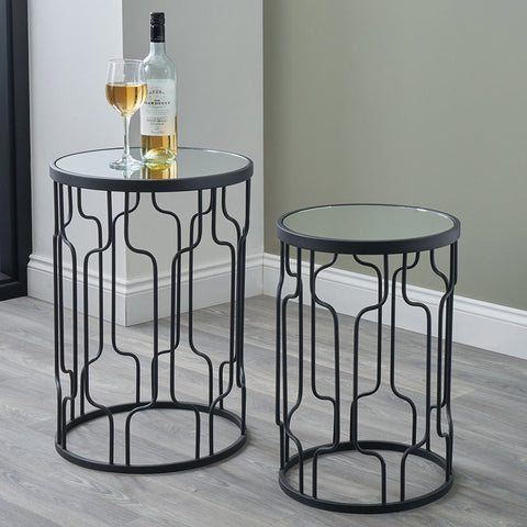 S/2 Caprisse Mirrored Glass and Graphite Metal Round Tables