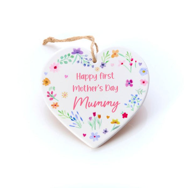 Floral First Mothers Day Ceramic Heart Hanger