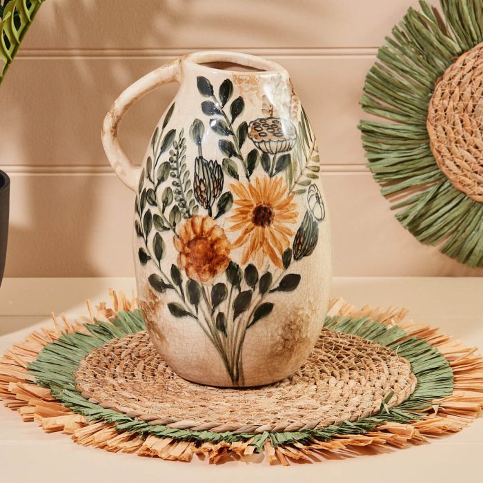 Floral Eucalyptus Urn | Hand Painted Cream