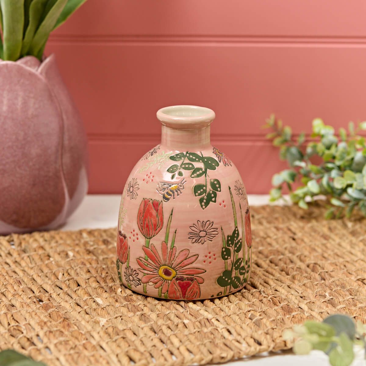 Stoneware  Vase | Debossed Pink Tulip With Mixed Flowers Design