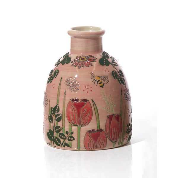 Stoneware  Vase | Debossed Pink Tulip With Mixed Flowers Design