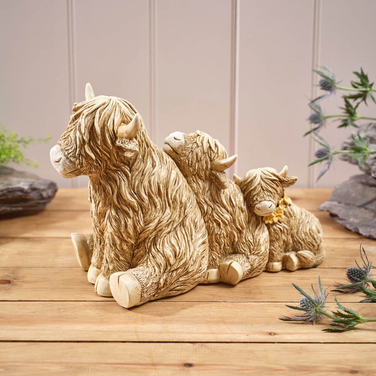 Highland Cow Family Of 3 Wood Effect Resin Ornament