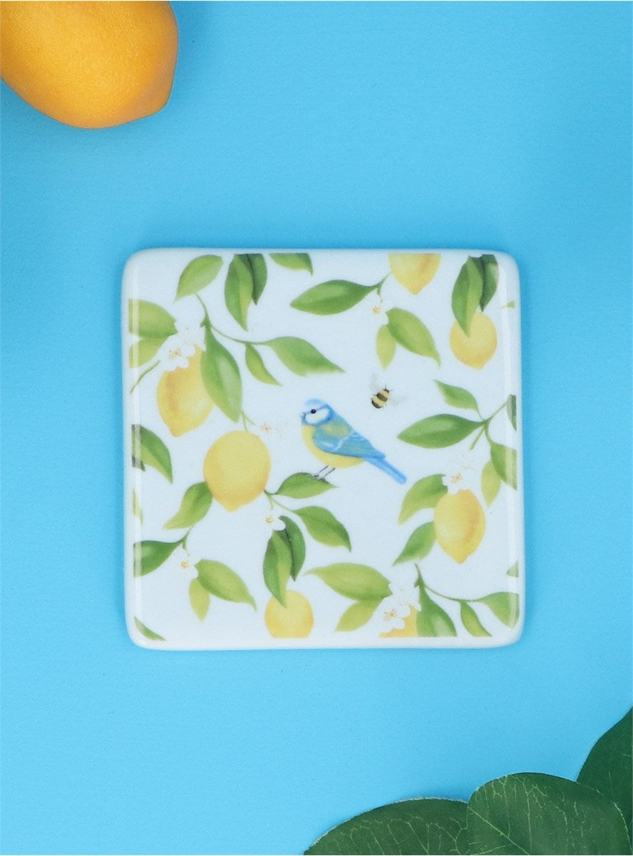 Lemons & Blue Tits Porcelain Coaster