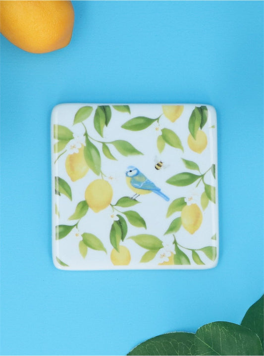 Lemons & Blue Tits Porcelain Coaster