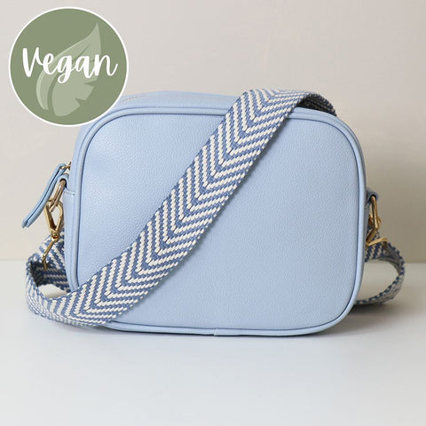 BABY BLUE CAMERA BAG WITH BLUE/WHITE CHEVRON WEBBING STRAP