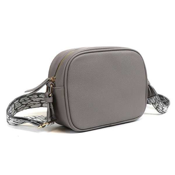 PALE GREY CAMERA BAG WITH GREY/WHITE WOVEN ANIMAL PRINT REMOVABLE STRAP