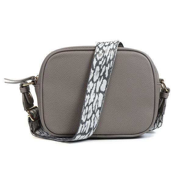 PALE GREY CAMERA BAG WITH GREY/WHITE WOVEN ANIMAL PRINT REMOVABLE STRAP