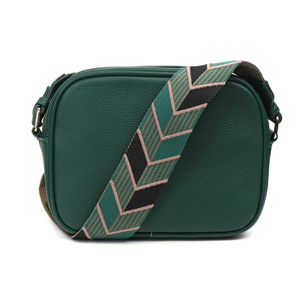 BOTTLE GREEN CAMERA BAG WITH GREEN/BLACK CHEVRON PATTERNED REMOVABLE STRAP