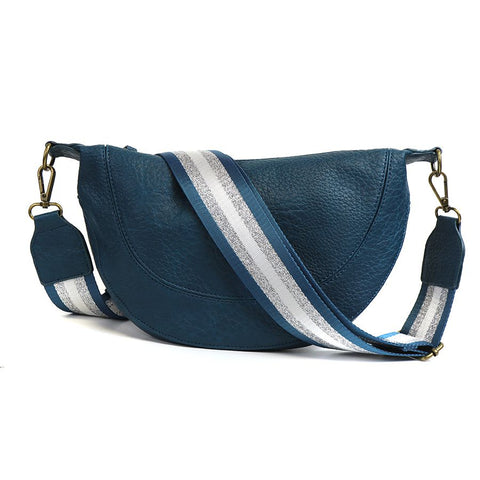 TEAL HALF MOON BAG WITH TEAL & SILVER STRIPED REMOVABLE STRAP