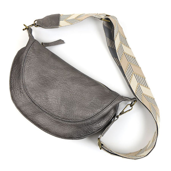 PEWTER HALF MOON BAG WITH GREY/CREAM CHEVRON PATTERED STRAP