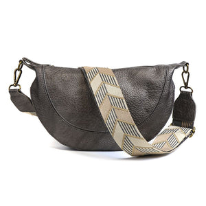 PEWTER HALF MOON BAG WITH GREY/CREAM CHEVRON PATTERED STRAP