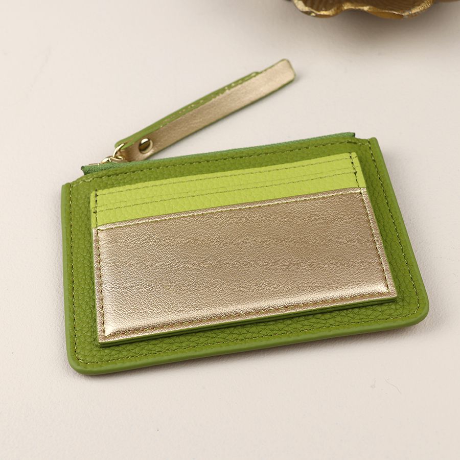 LIME GREEN/METALLIC PU CARDHOLDER WITH ZIP