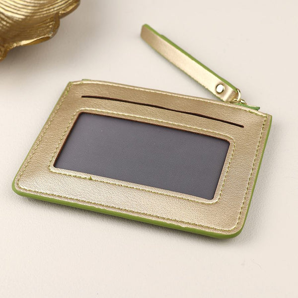 LIME GREEN/METALLIC PU CARDHOLDER WITH ZIP