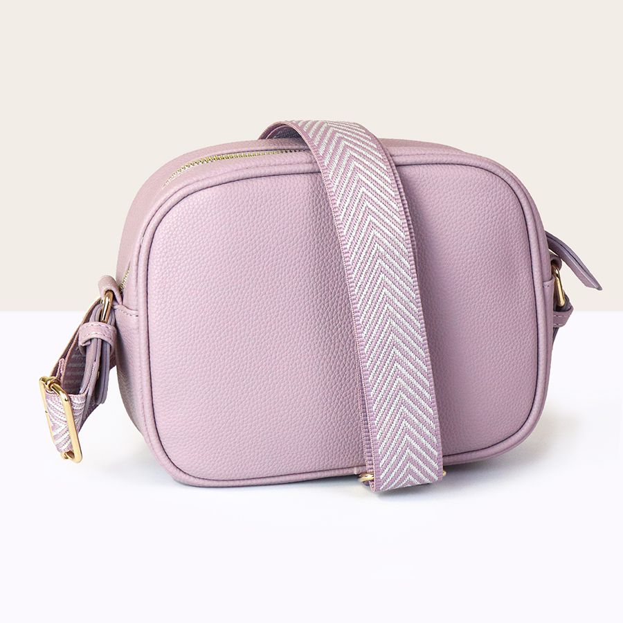 SOFT LILAC VEGAN LEATHER CAMERA BAG WITH PINK/SILVER WOVEN CHEVRON STRAP