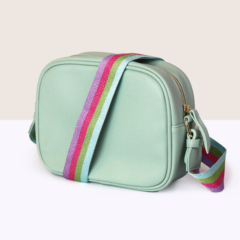 MINT VEGAN LEATHER CAMERA BAG WITH SPARKLY PASTEL RAINBOW STRAP