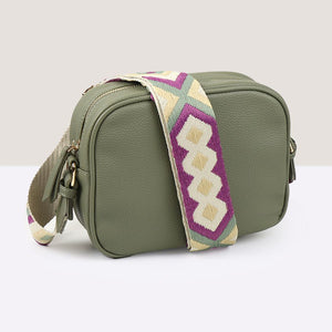 DARK SAGE GREEN CAMERA BAG WITH MAUVE/SAGE WOVEN DIAMOND STRAP