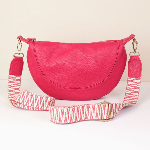 CERISE VEGAN LEATHER HALF MOON BAG WITH WOVEN ZIG ZAG STRAP