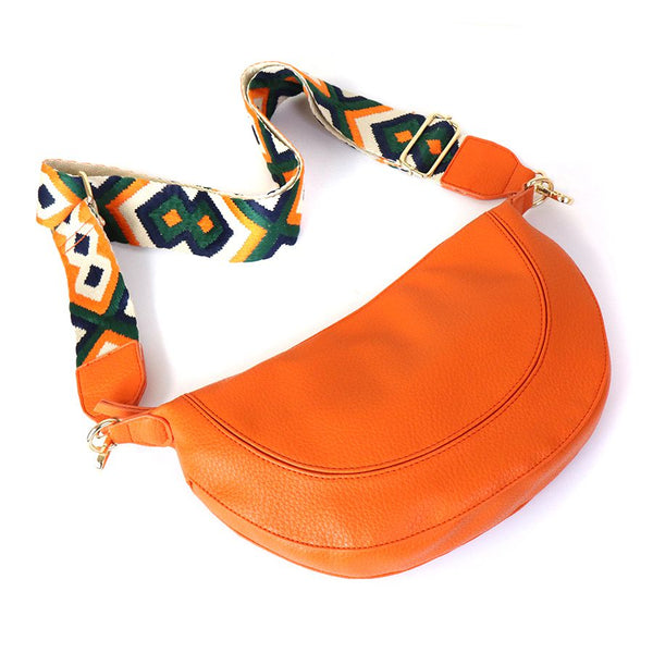 ORANGE VEGAN LEATHER HALF MOON BAG WITH OLIVE/ORANGE DIAMOND WOVEN STRAP