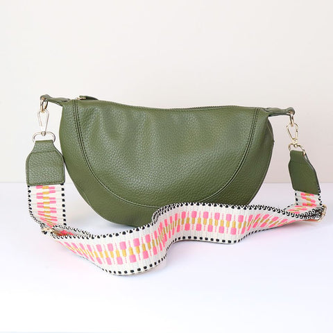 DEEP OLIVE VEGAN LEATHER HALF MOON BAG WITH PINK/YELLOW ZIG ZAG STRAP