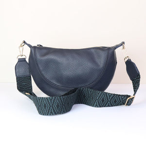 SLATE BLUE VEGAN LEATHER HALF MOON BAG WITH DARK DIAMOND WOVEN STRAP