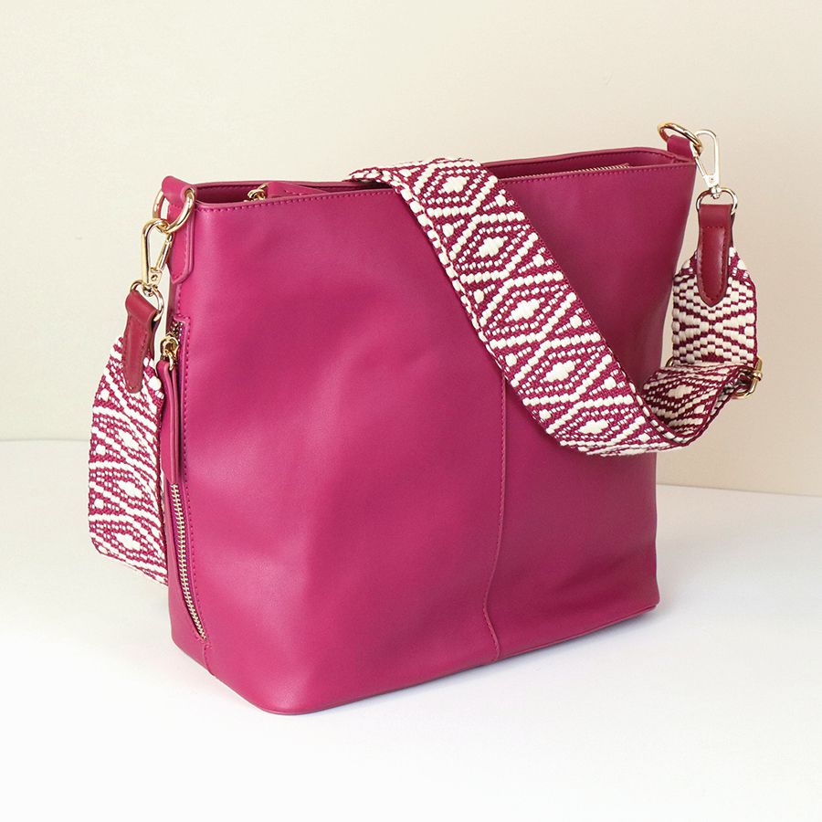 BERRY VEGAN LEATHER CROSSBODY/TOTE BAG WITH WOVEN DIAMOND STRAP