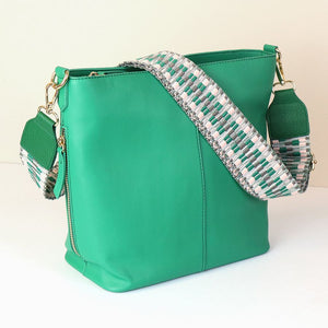 EMERALD GREEN VEGAN LEATHER CROSSBODY/TOTE BAG WITH WOVEN GREEN MULTI STRAP