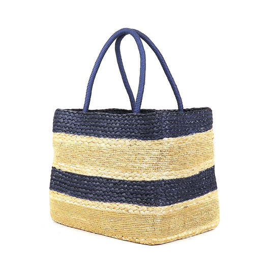Navy Square Jute Striped Picnic Basket Bag