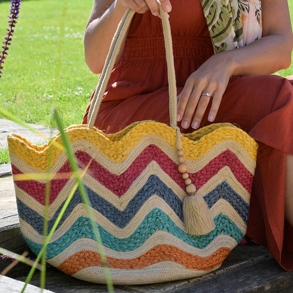 Multicolour Wavy Lined Jute Woven Bag With Tassel