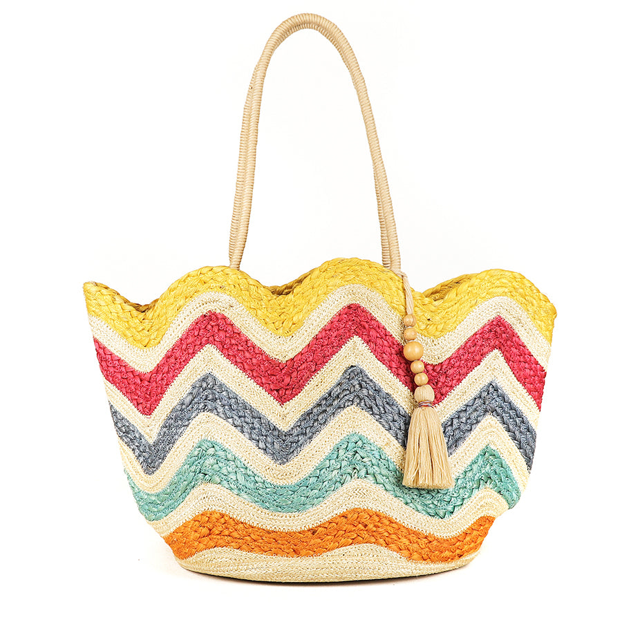 Multicolour Wavy Lined Jute Woven Bag With Tassel