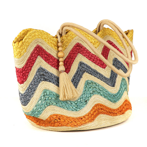 Multicolour Wavy Lined Jute Woven Bag With Tassel