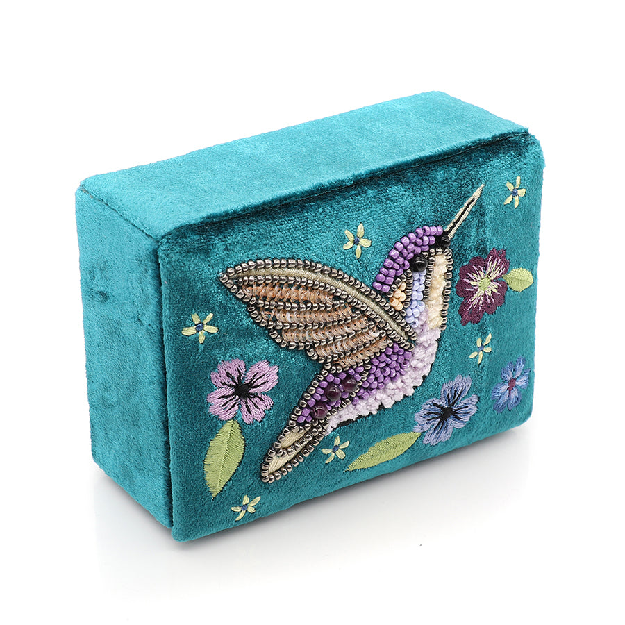 Teal Velvet Small Jewellery Box Hummingbird