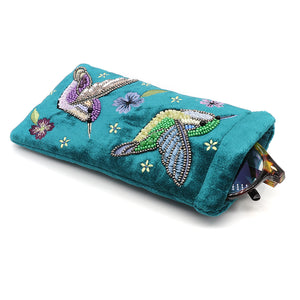 Teal Velvet Glasses Case Hummingbird