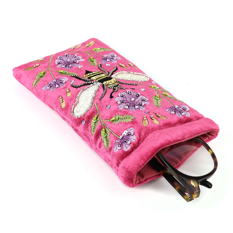 Bright Pink Velvet Glasses Case With Bee