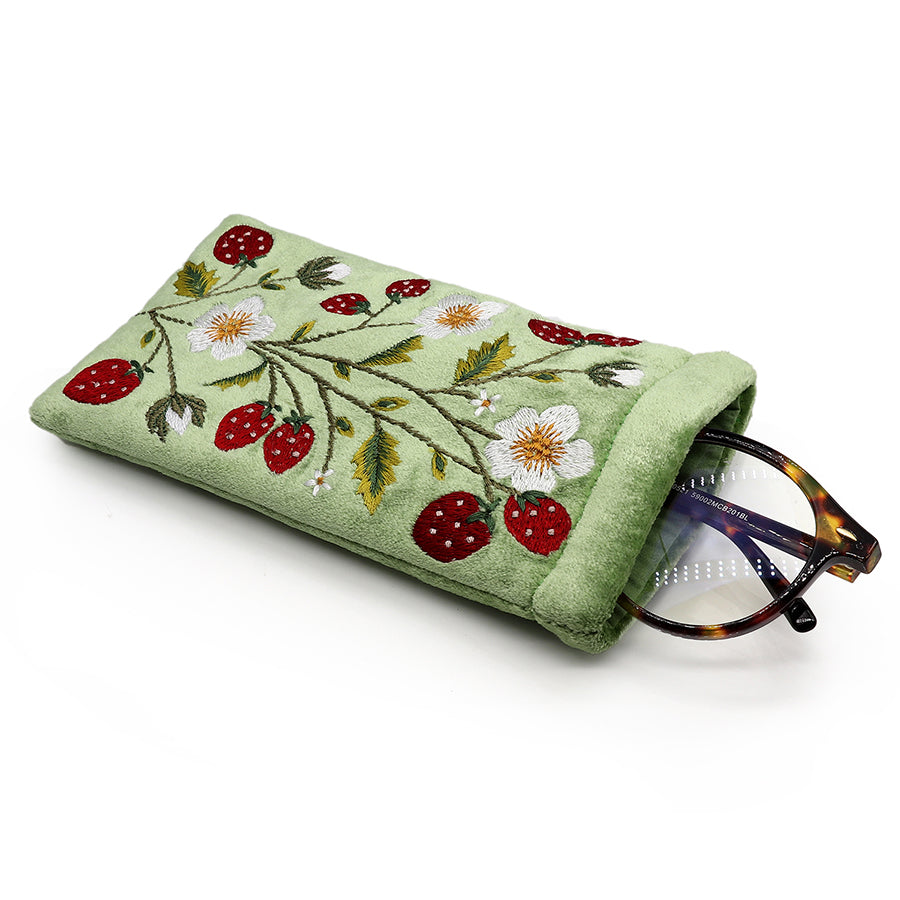 Green Velvet Glasses Case With Strawberry